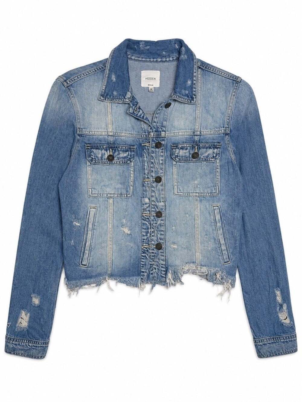 Hidden womens denim jeans jacket size Medium distressed frayed cropped